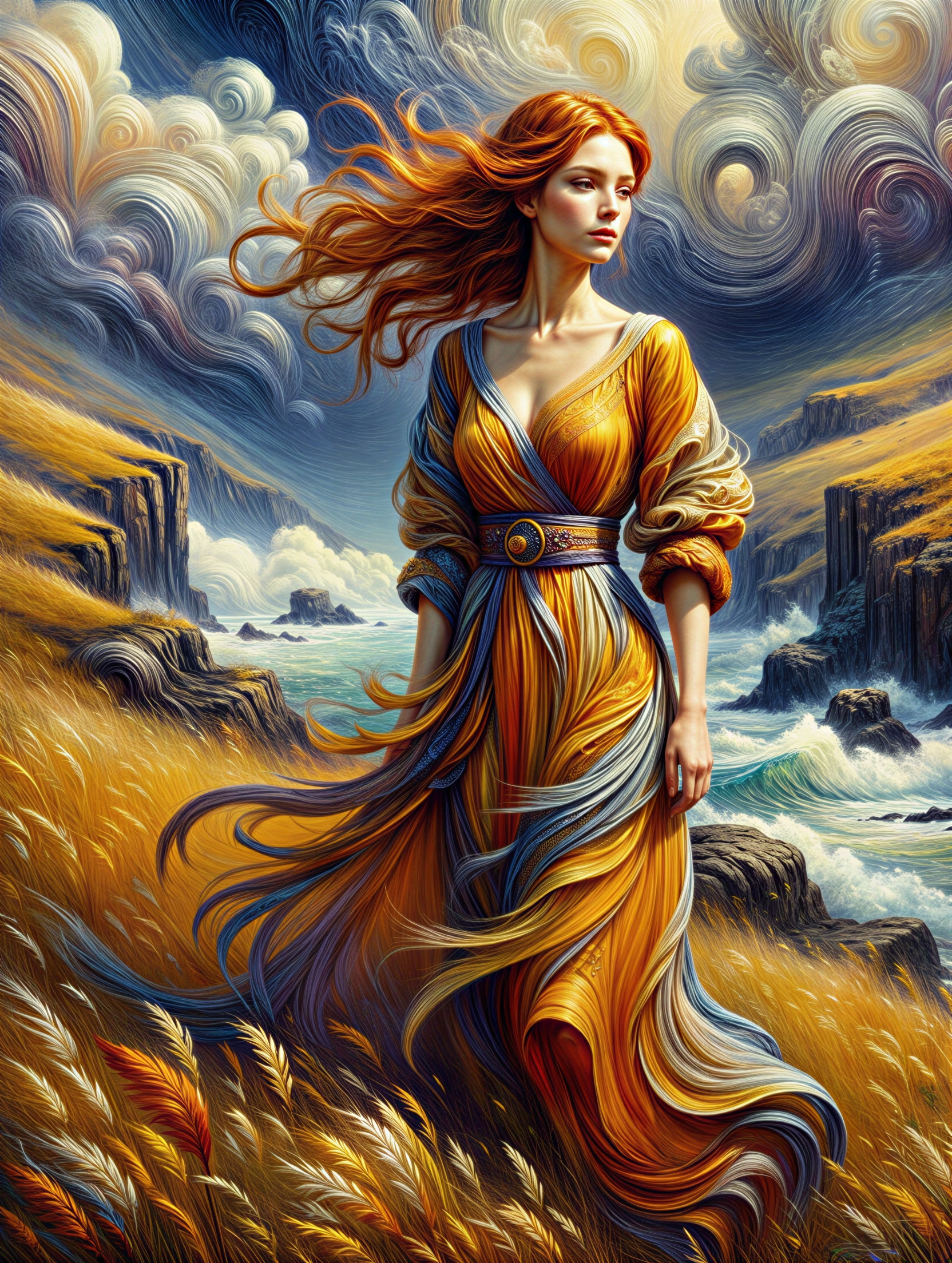 Woman in yellow dress amidst cliffs and waves