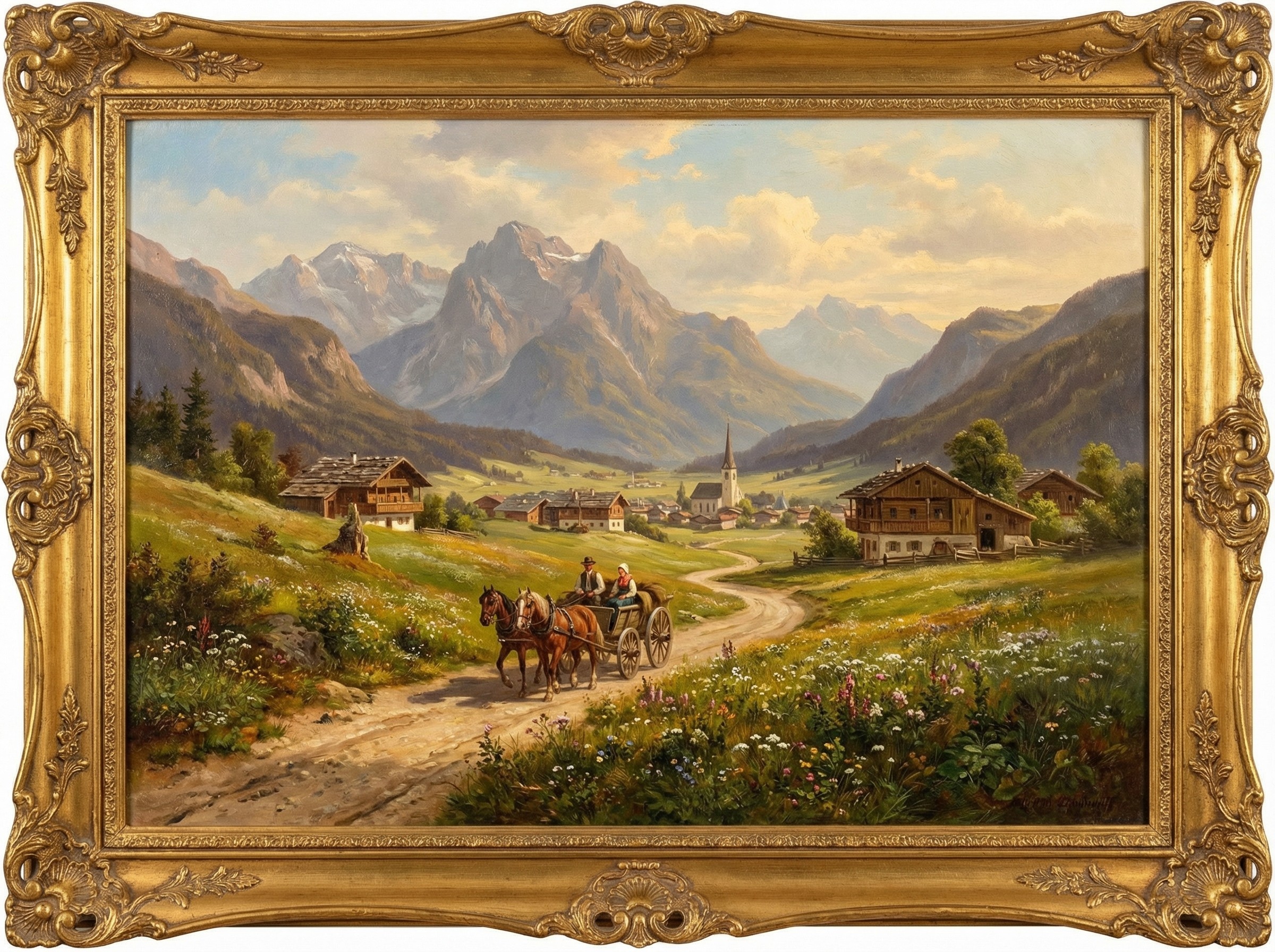 Alpine Valley Village with Mountains and Carriage