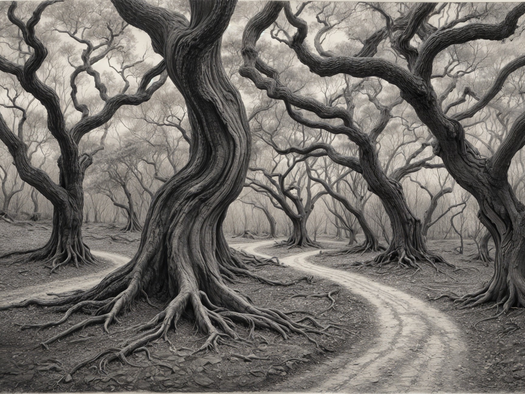 Winding Path in a Mystical Forest with Gnarled Trees