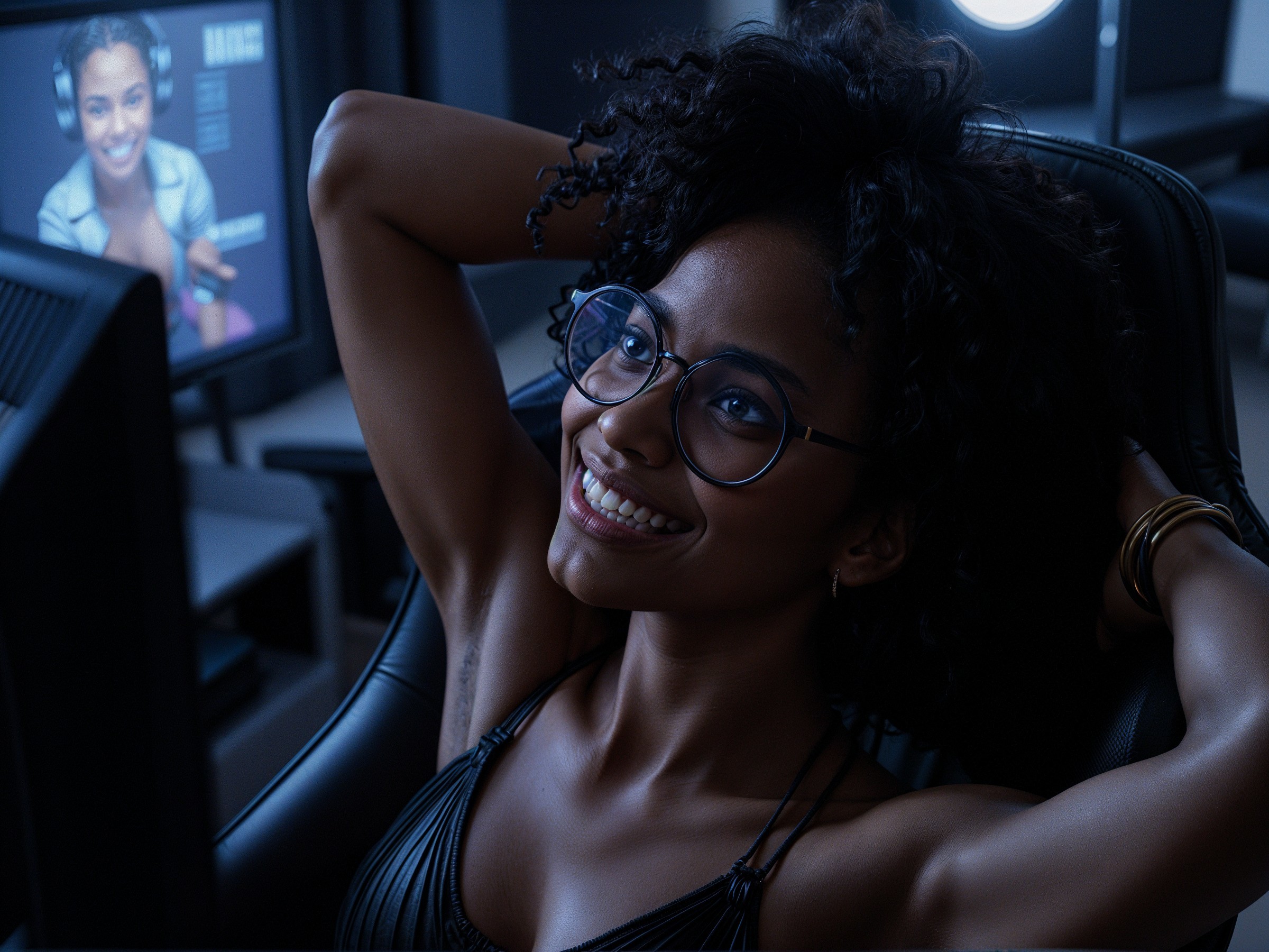 Young woman in ergonomic chair with vibrant monitor