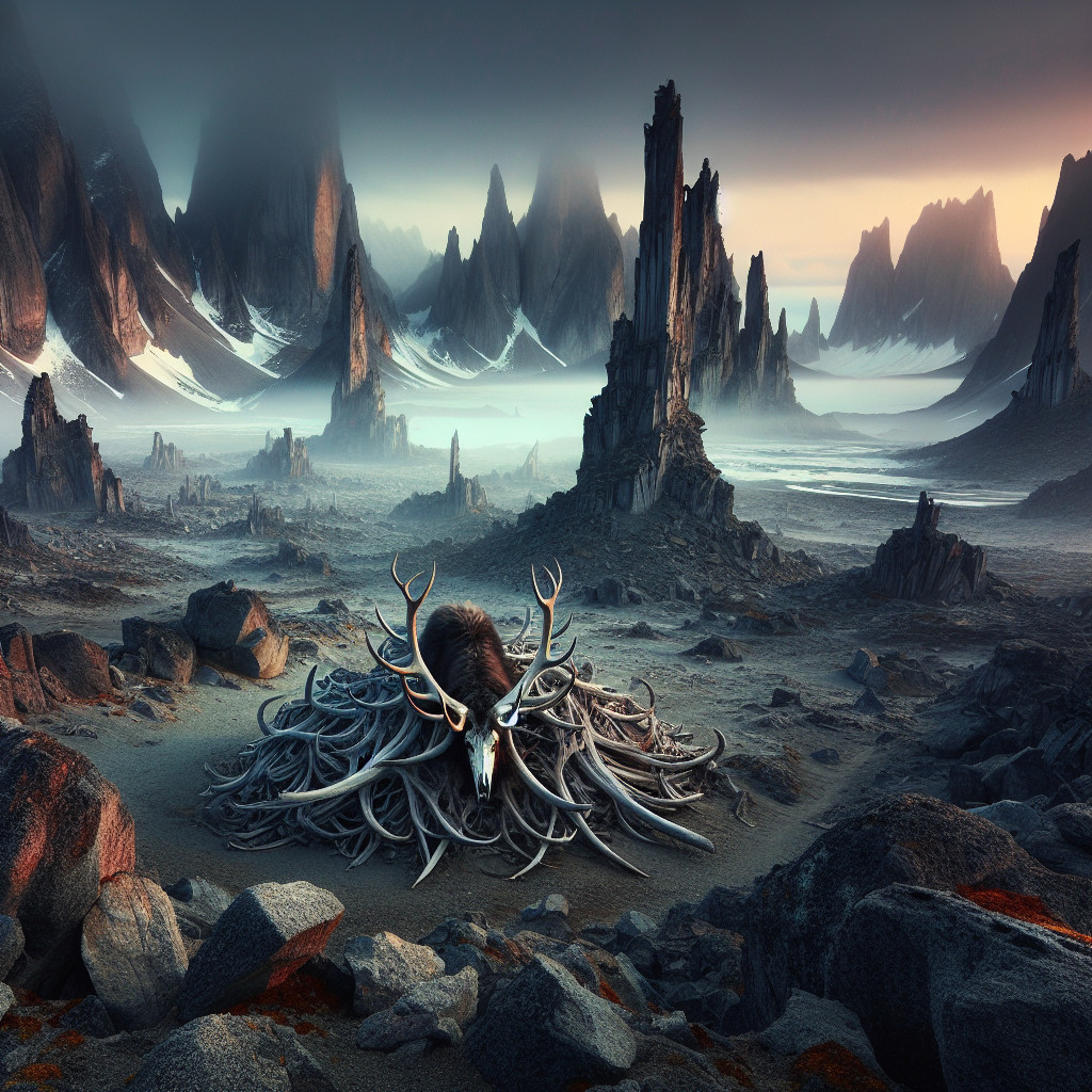 Majestic stag atop twisting roots in surreal landscape