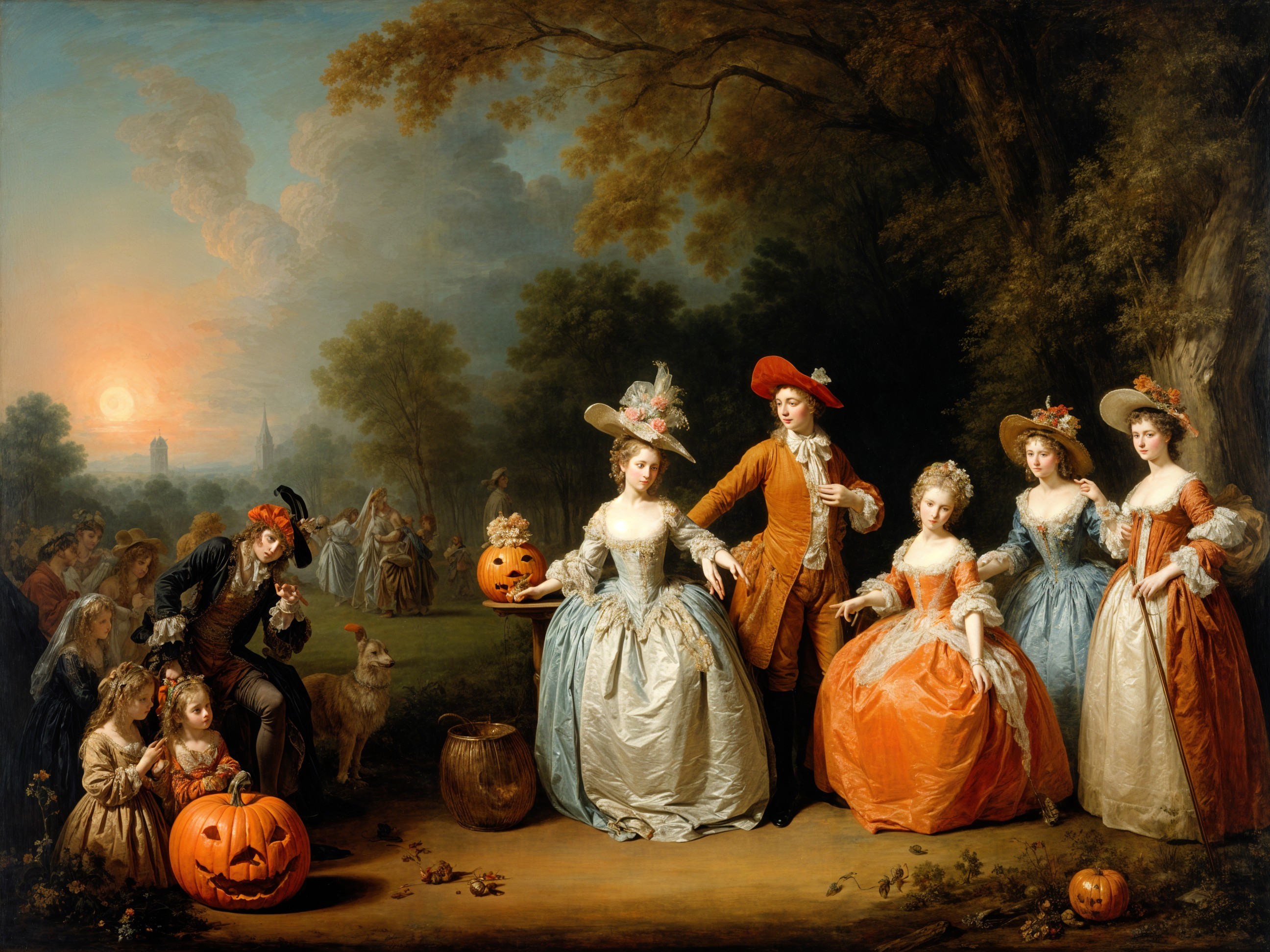 Autumn Gathering in a Sunlit Park with Pumpkins