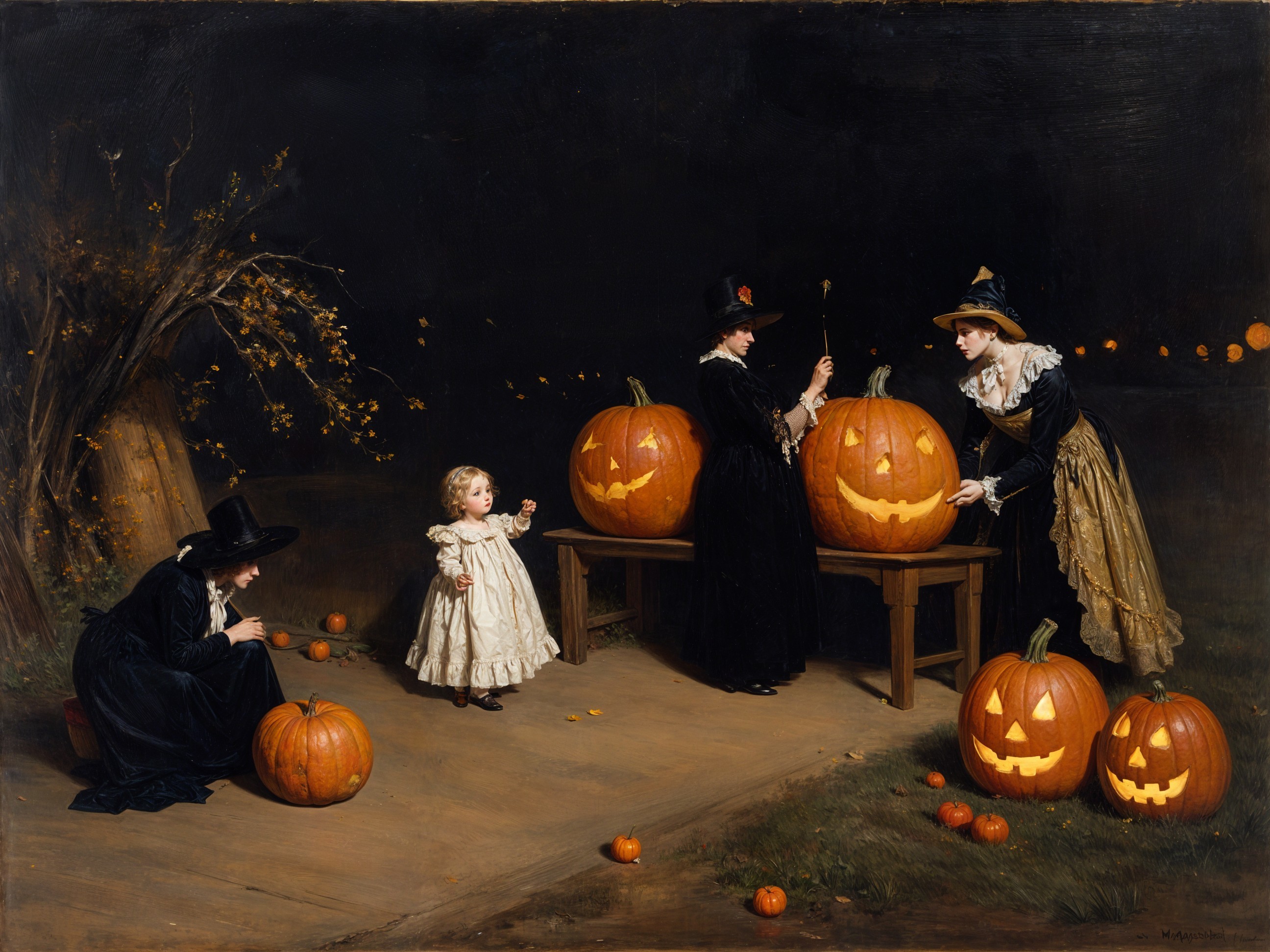 Women and Child Celebrate Halloween with Pumpkins