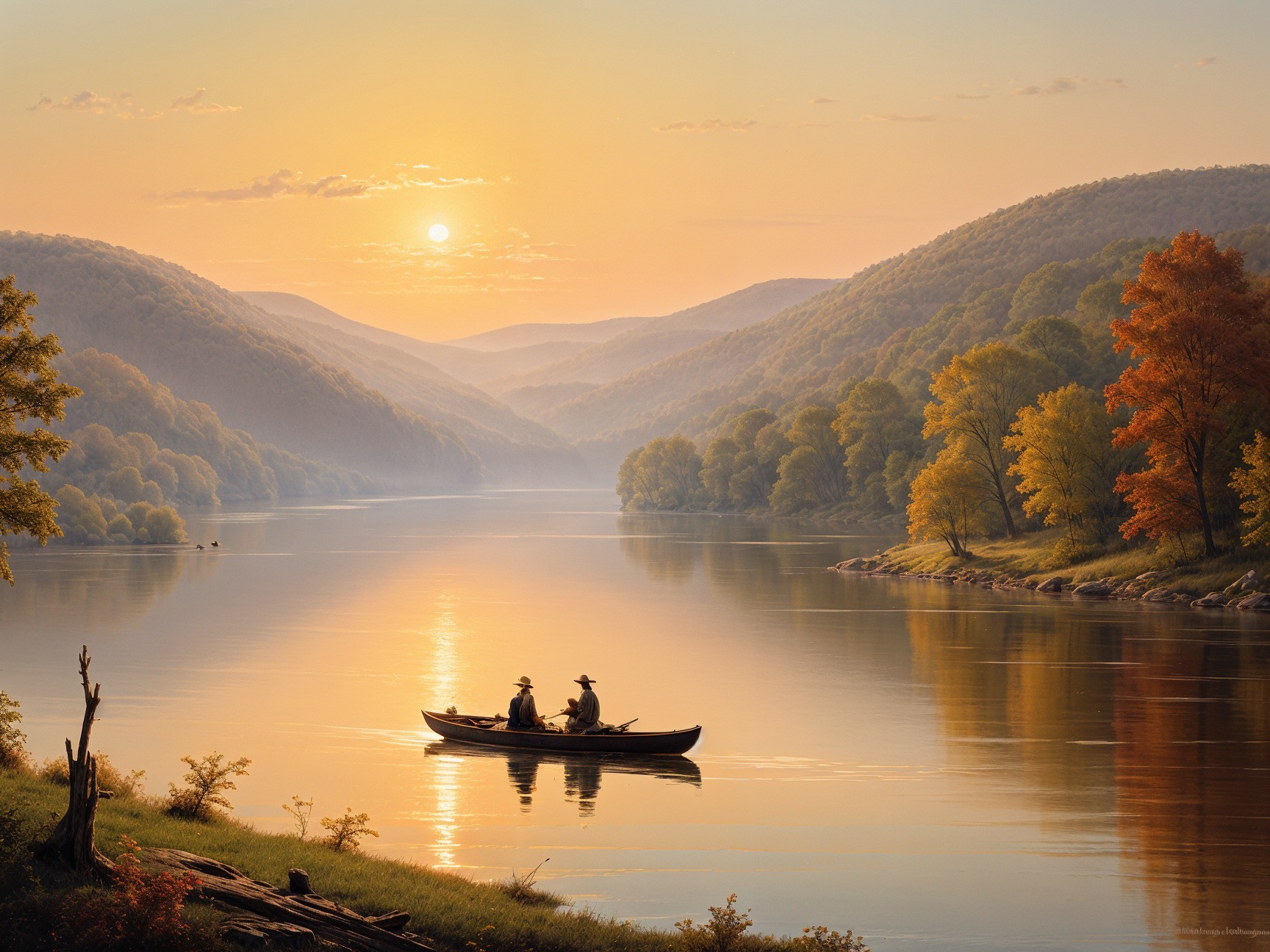Canoe on River at Sunset Surrounded by Autumn Foliage