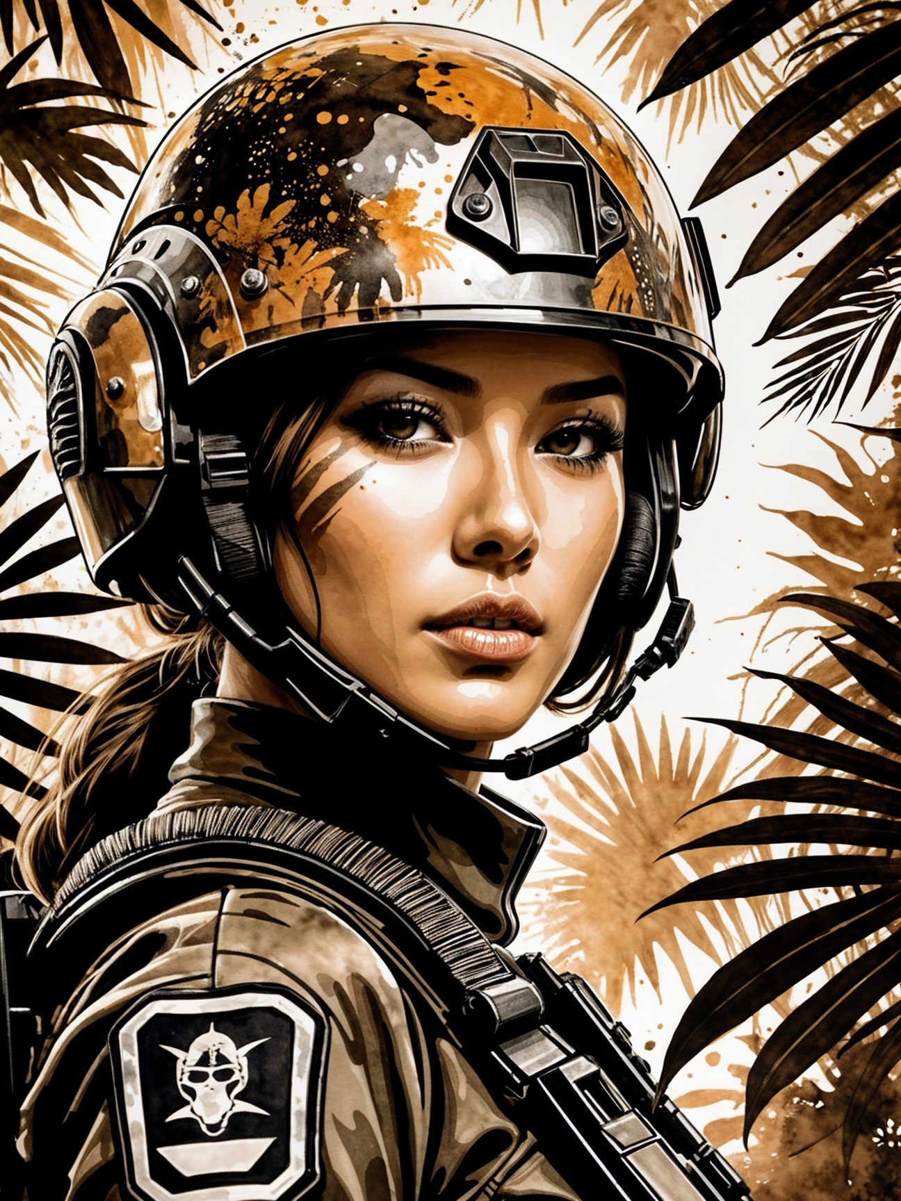 Female Soldier in Tropical Foliage with Combat Gear