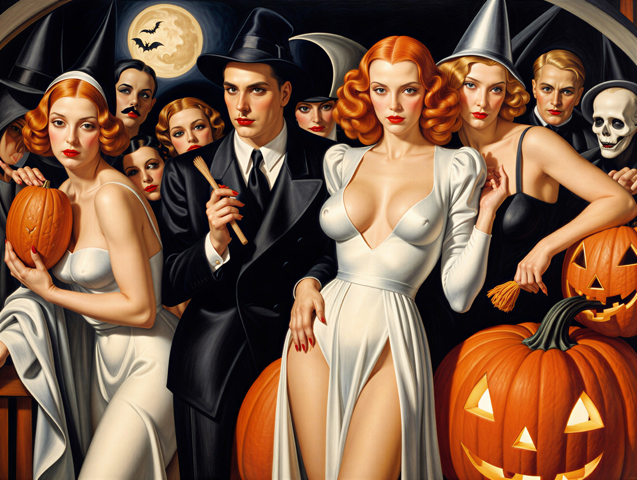 Glamorous Halloween Scene with Elegant Costumes