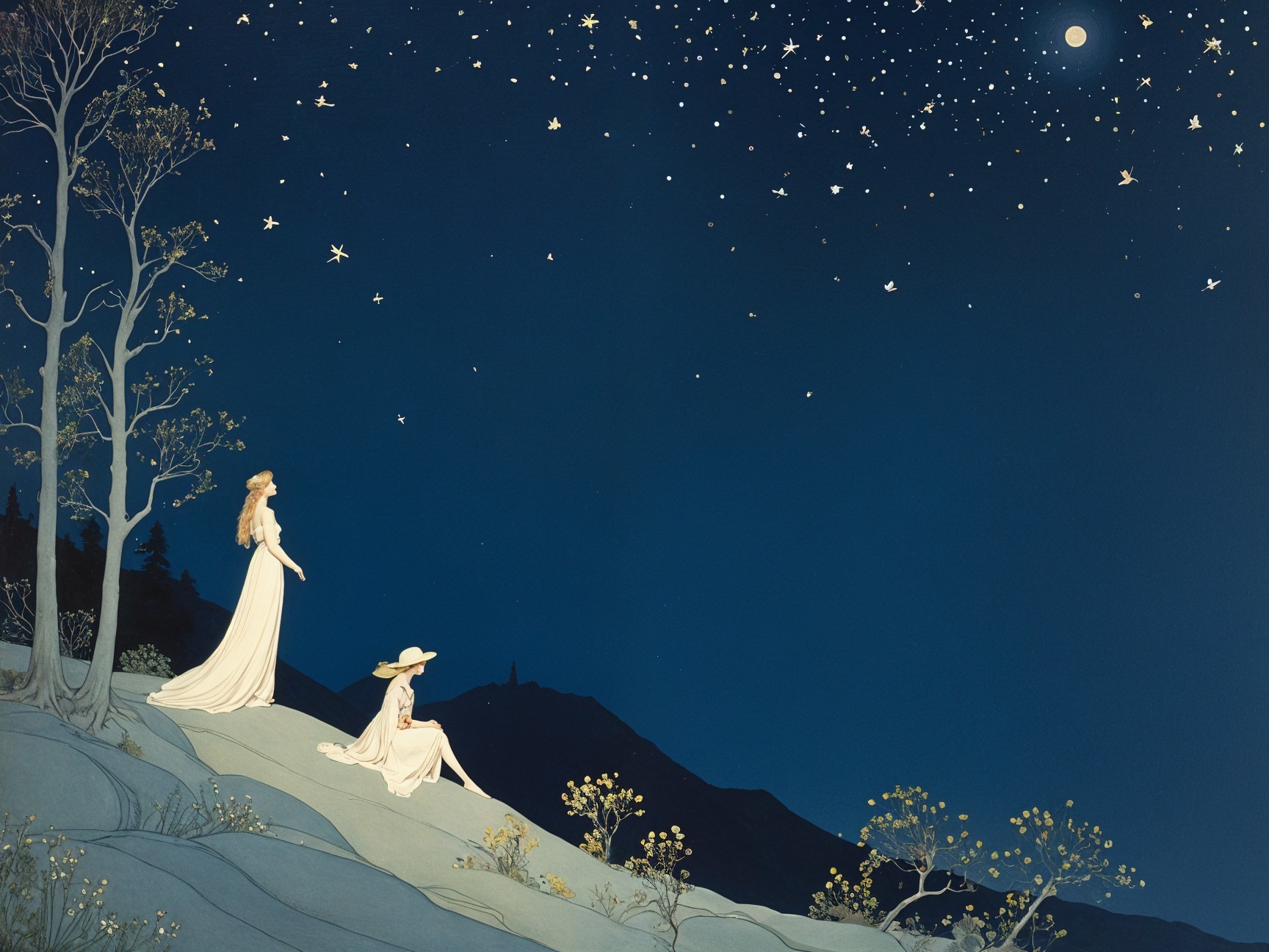 Ethereal Figures in White Dresses Under Starry Sky