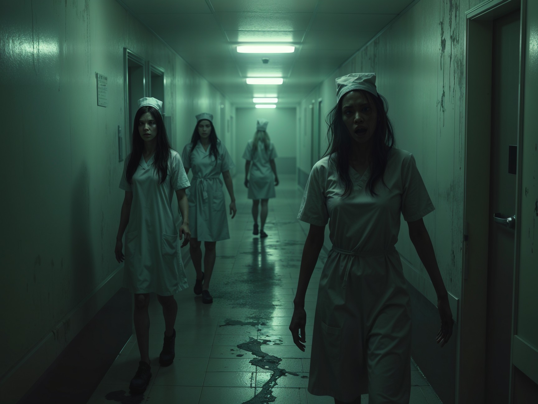 Eerie Corridor with Women in Pale Hospital Gowns