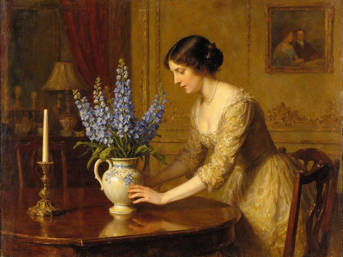 Serene interior scene with woman and blue delphiniums