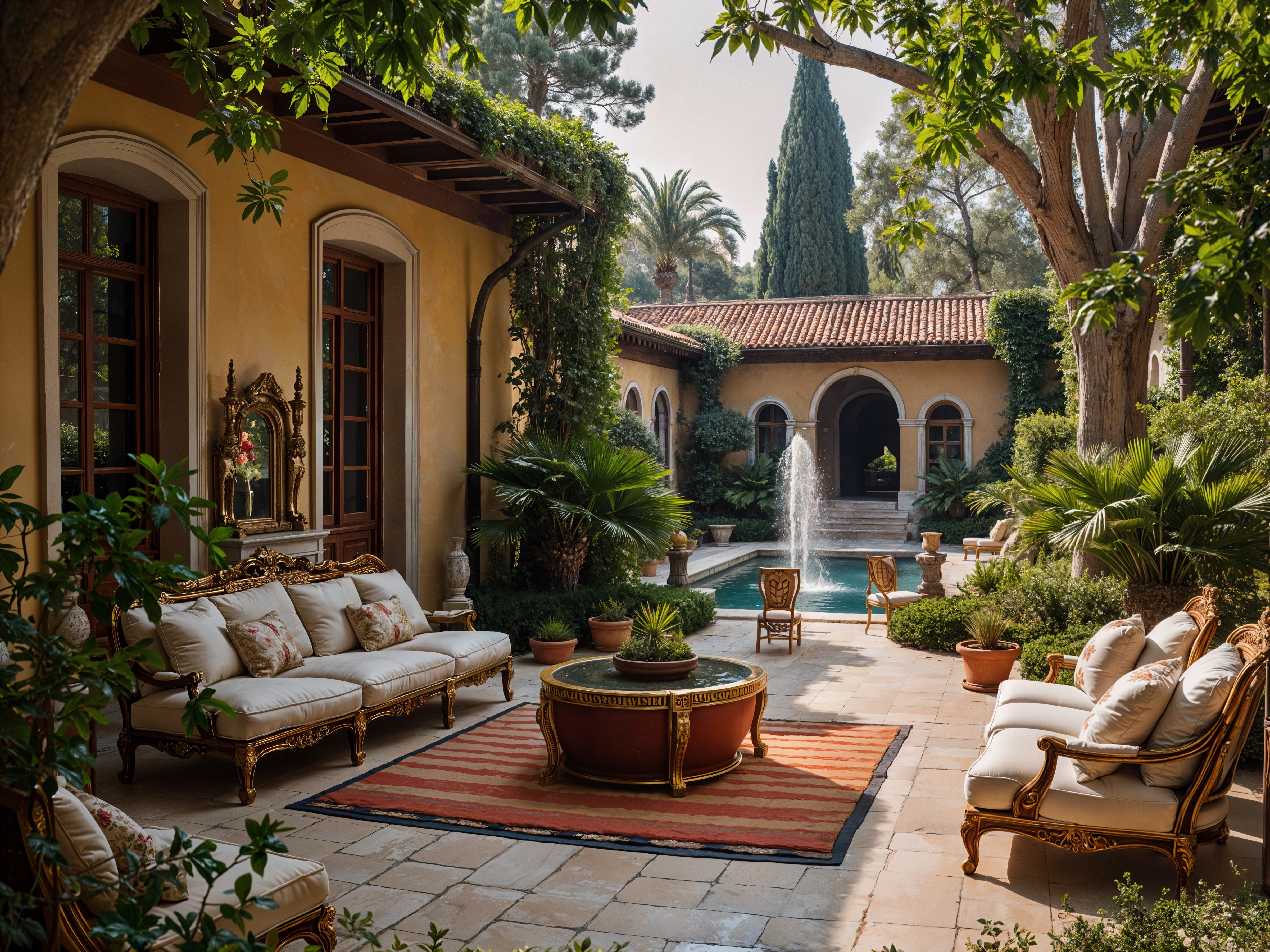 Luxurious Outdoor Patio with Elegant Furniture and Fountain
