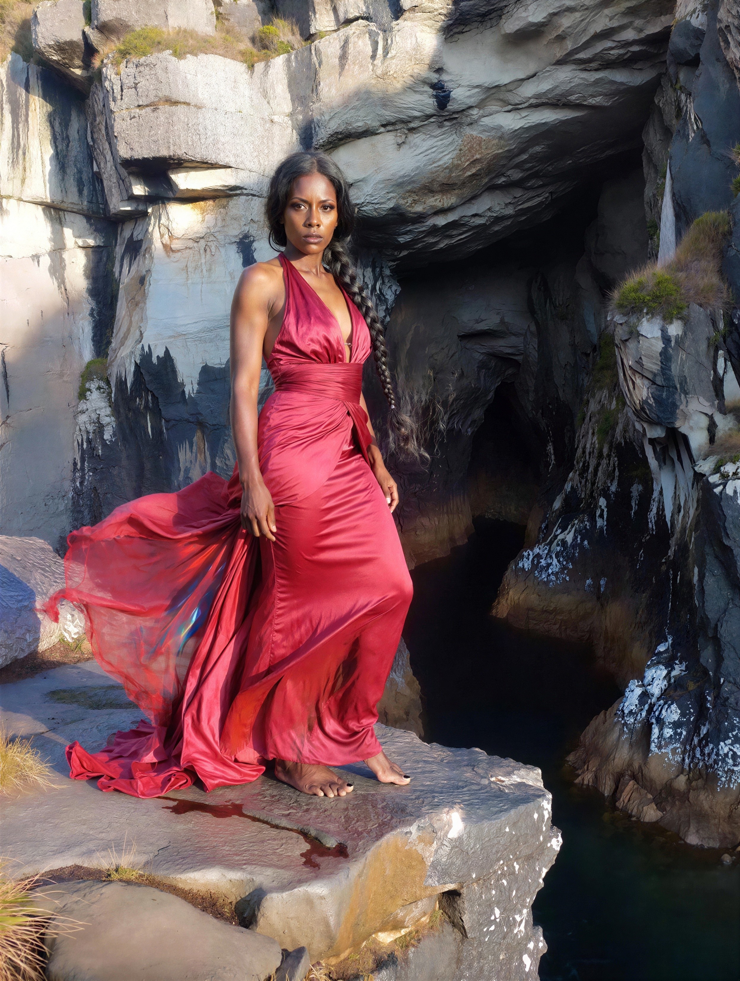 Dark-skinned woman in red dress by cave opening