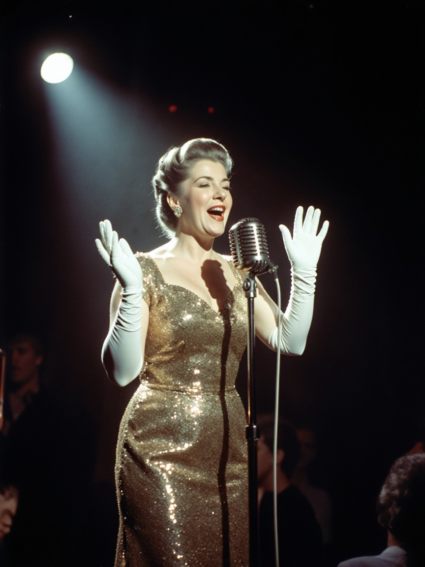 Glamorous Singer in Gold Gown Performs on Stage