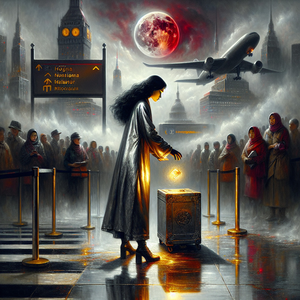 Dystopian Cityscape with Glowing Box and Crimson Moon