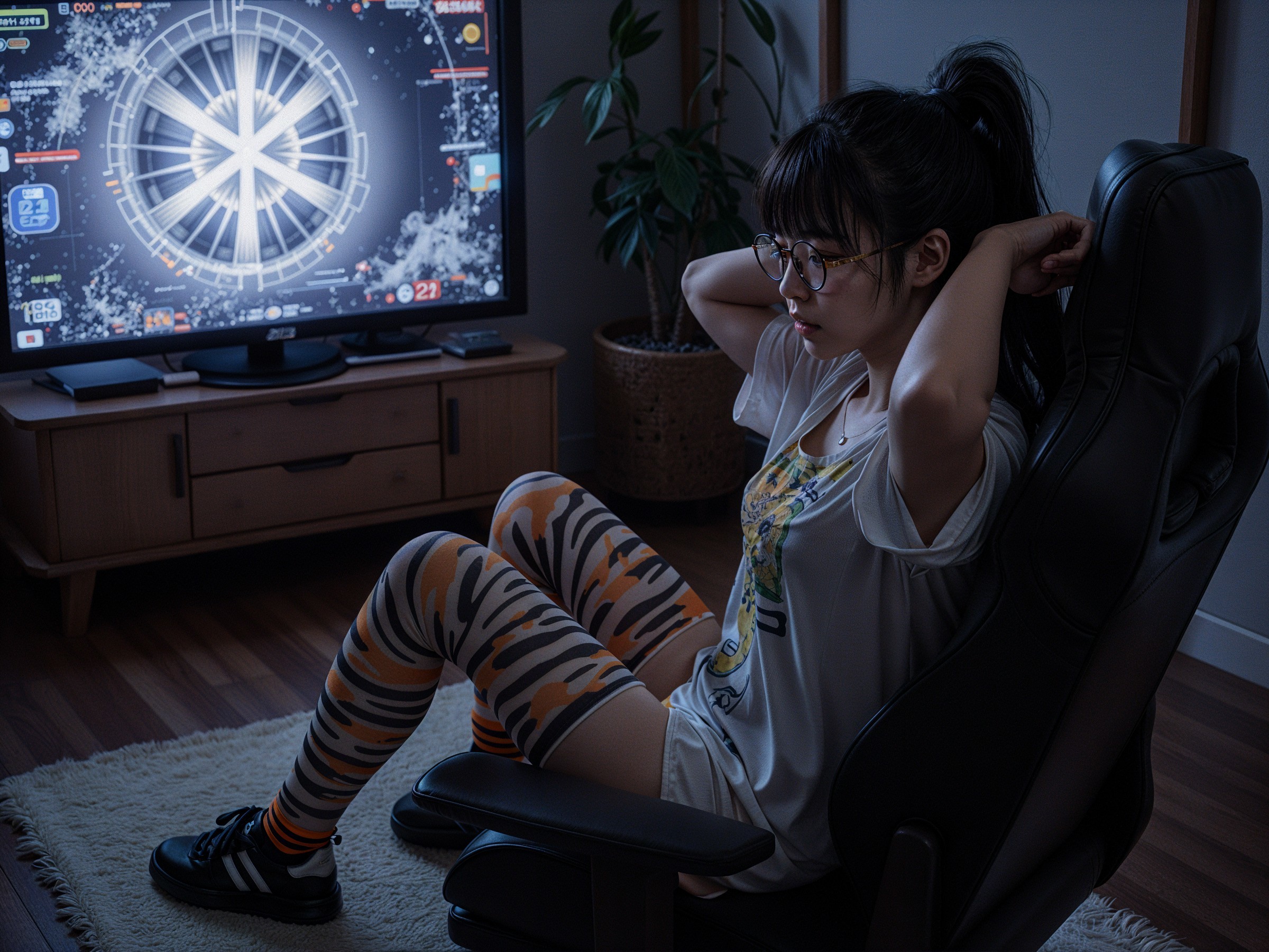 Young Woman in Gaming Chair with Colorful TV Screen