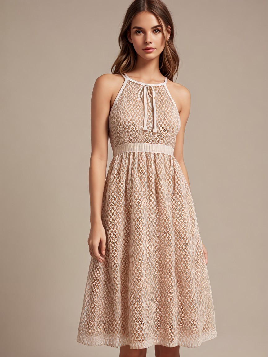 Cream-Colored Lattice Design Dress Description