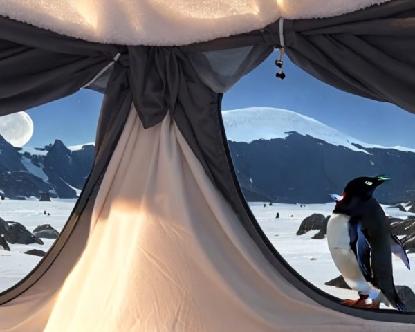 Cozy Tent Overlooking Antarctic Landscape with Penguins