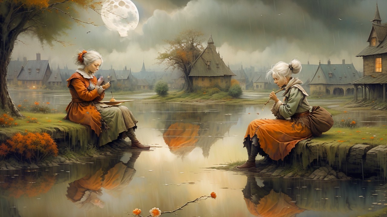 Elderly Women by River with Flute and Pottery