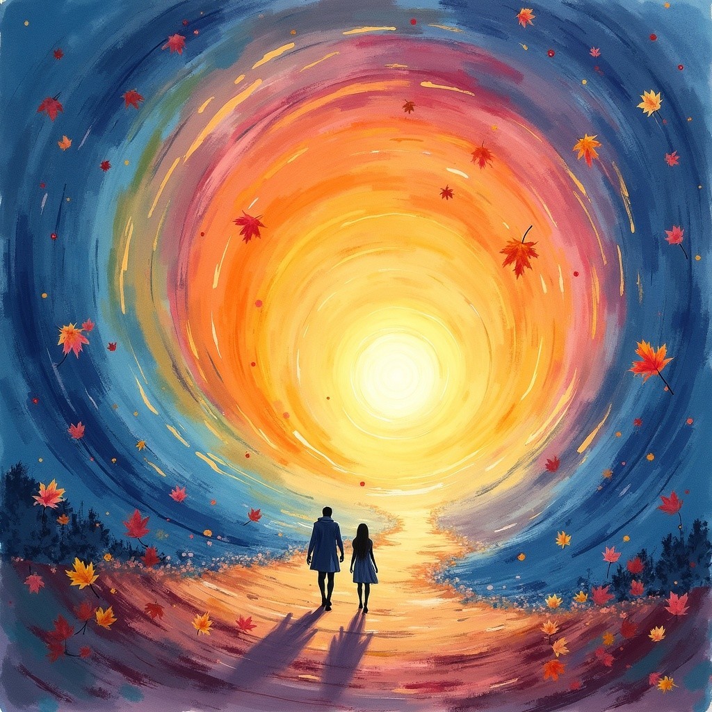 Couple Walking on Autumn Path at Sunset