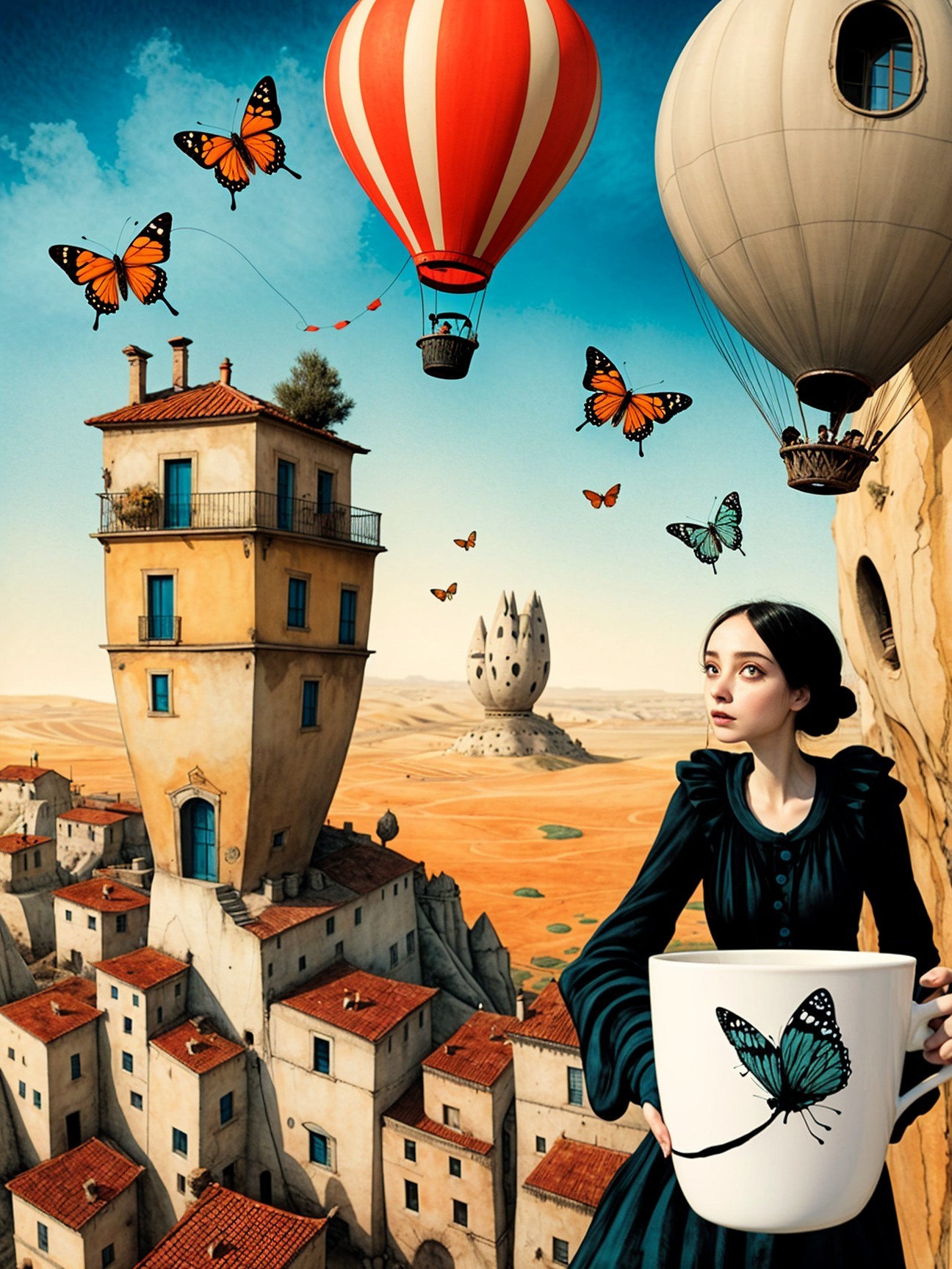 Surreal Landscape with Tall Building and Hot Air Balloons