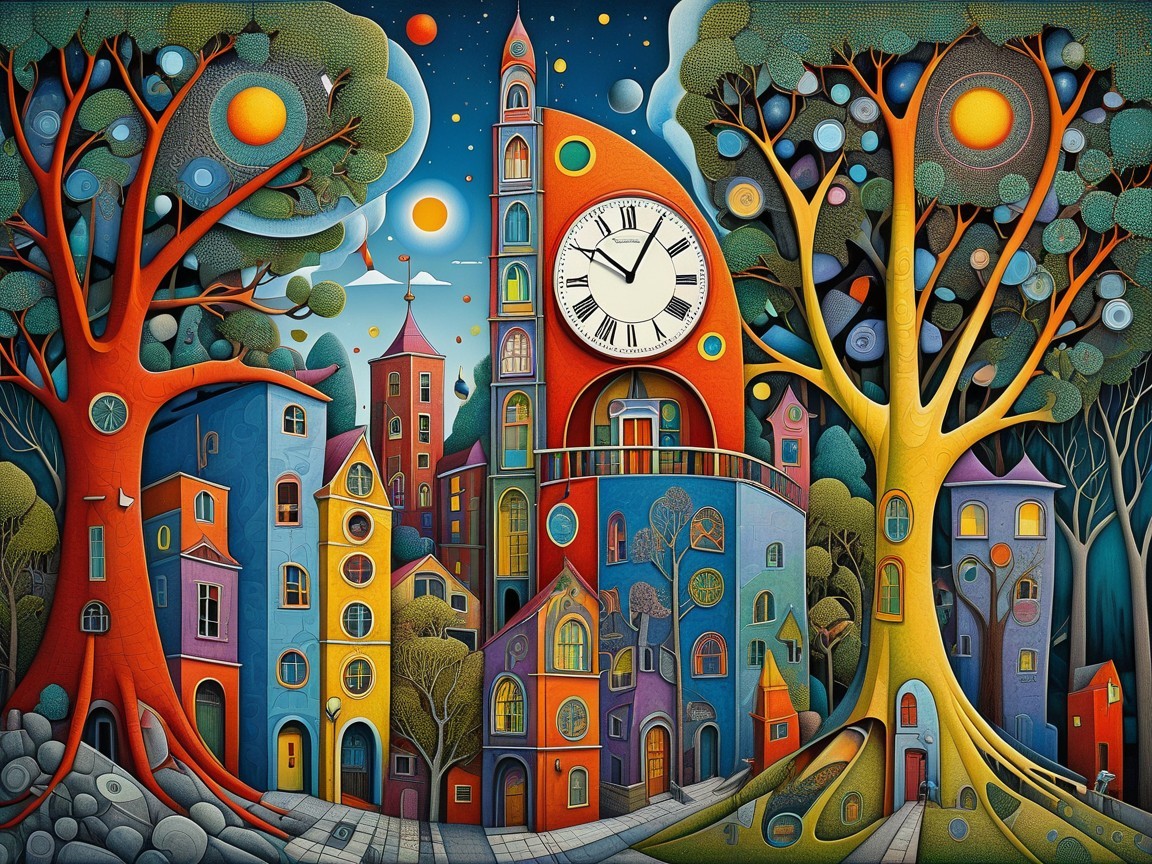 Whimsical Cityscape with Colorful Buildings and Trees