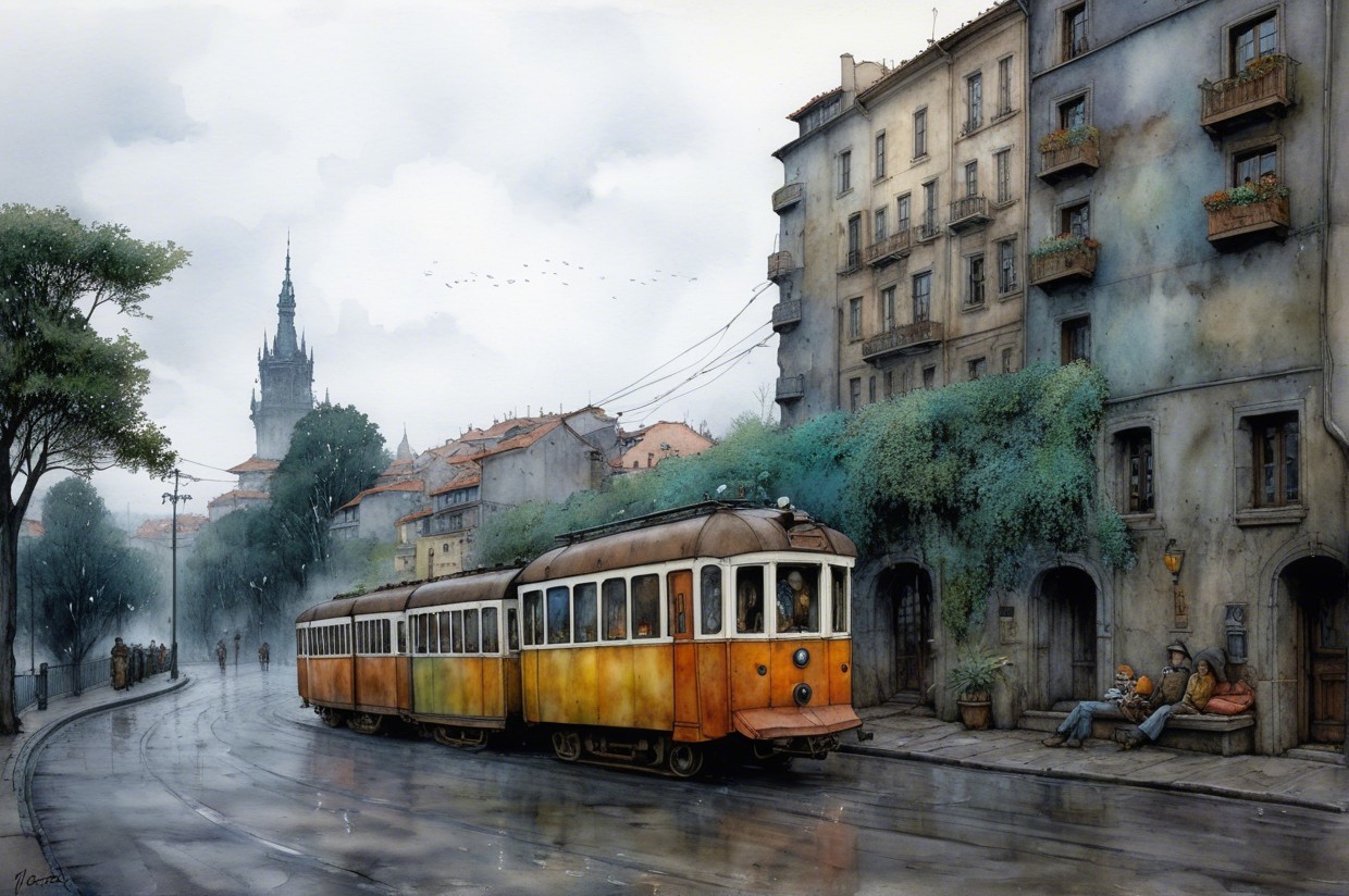 Vintage Tram on Rainy Street with Old Buildings