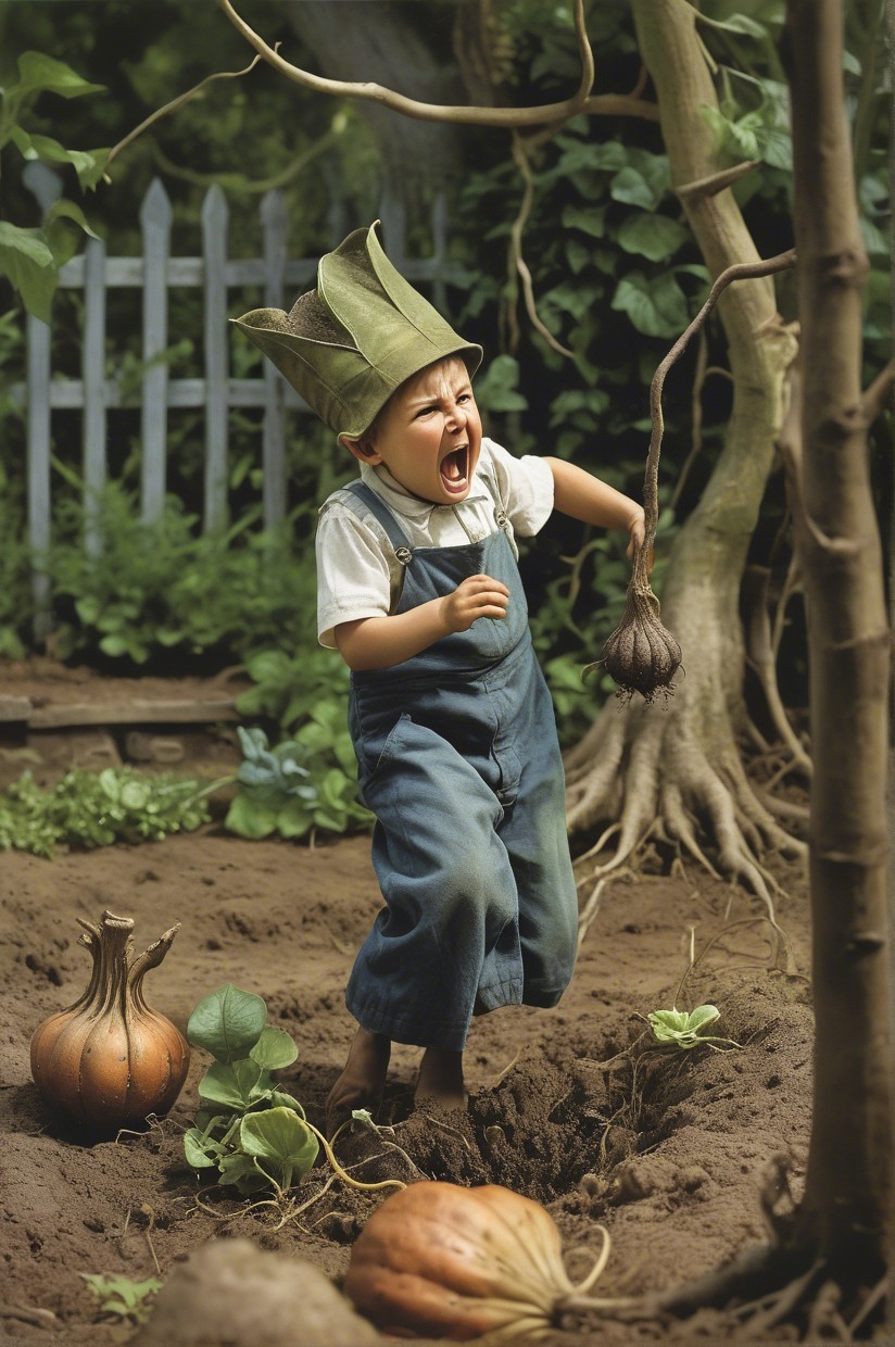 Joyful Child in Garden with Harvested Vegetable