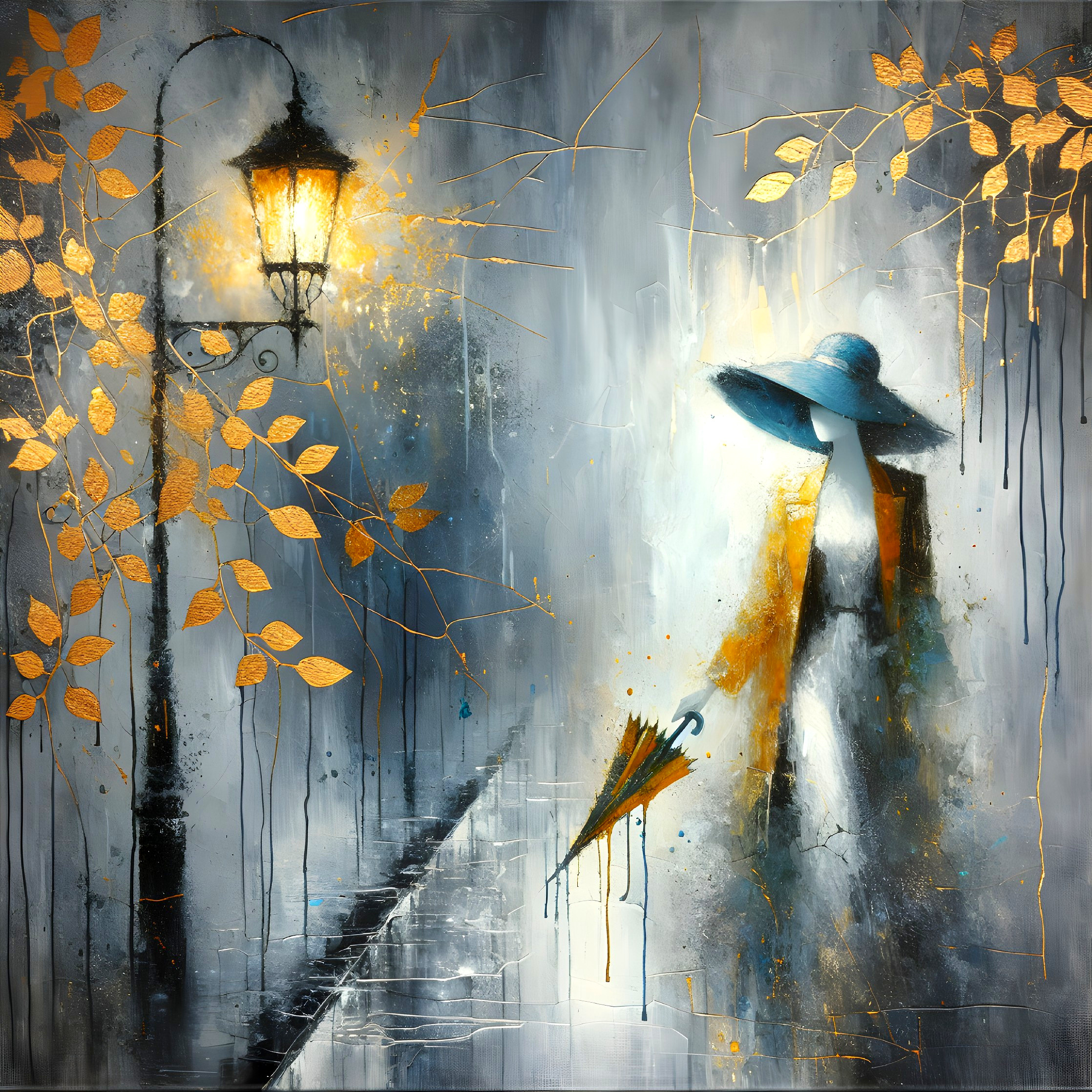 Serene Scene with Figure, Umbrella, and Lamppost
