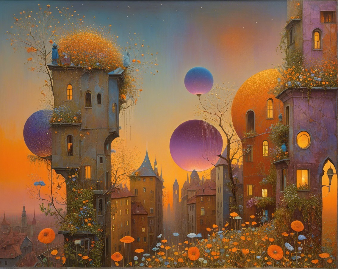 Whimsical Cityscape at Sunset with Colorful Orbs