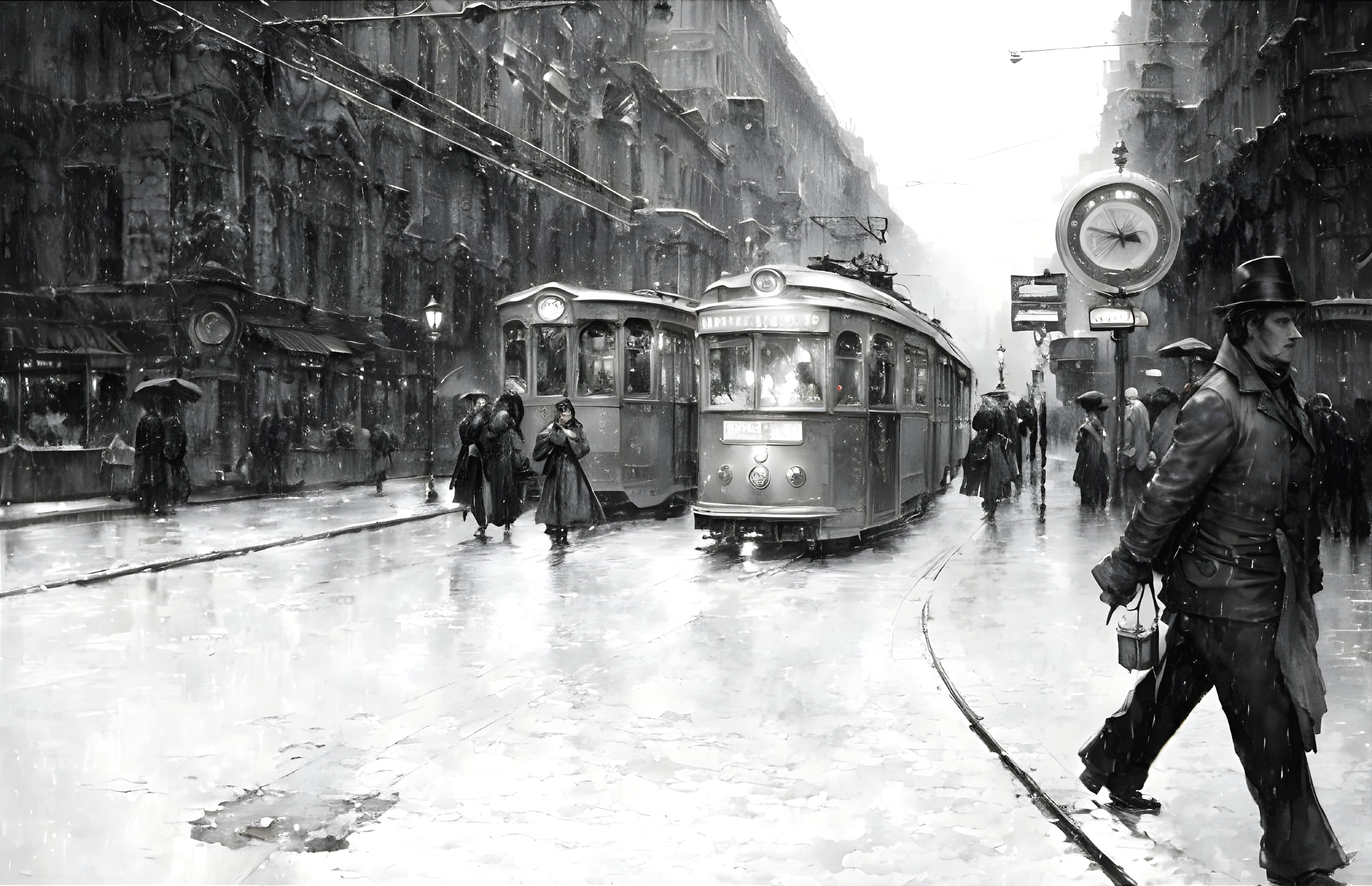Vintage Monochrome City Scene with Trams and Snowflakes