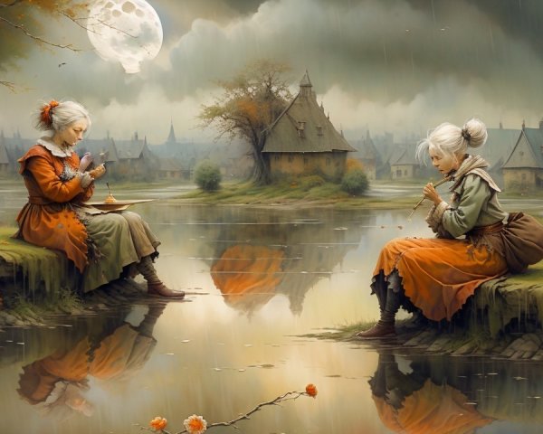 Elderly Women by River with Flute and Pottery