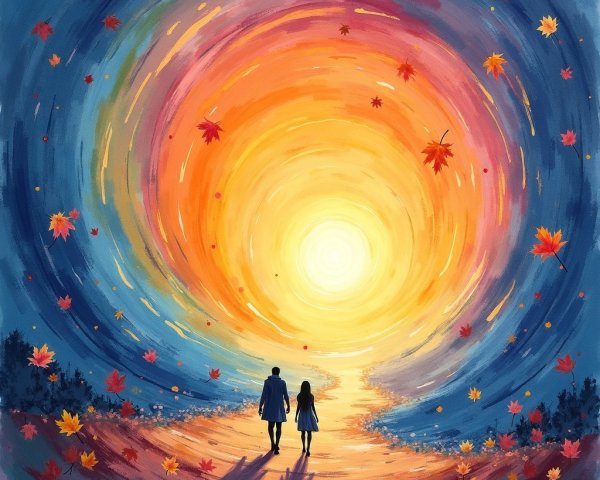 Couple Walking on Autumn Path at Sunset
