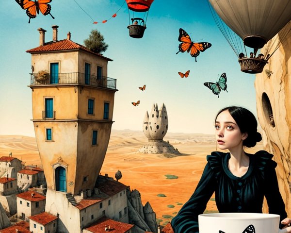 Surreal Landscape with Tall Building and Hot Air Balloons