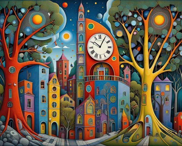 Whimsical Cityscape with Colorful Buildings and Trees