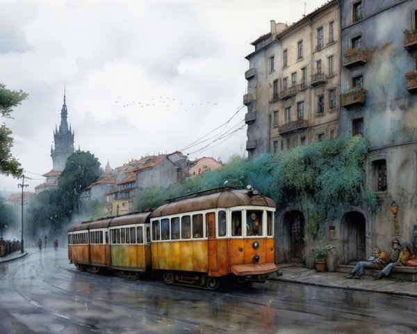 Vintage Tram on Rainy Street with Old Buildings