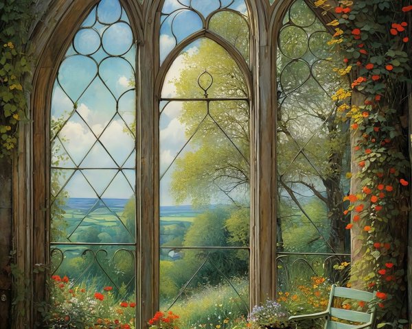 Gothic Window Overlooking Vibrant Green Landscape