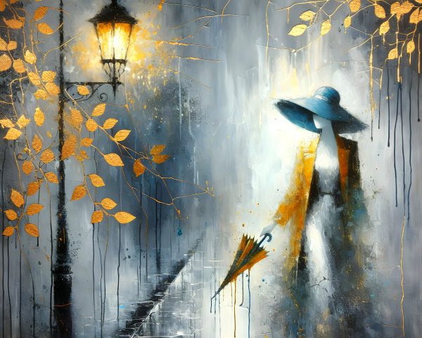 Serene Scene with Figure, Umbrella, and Lamppost