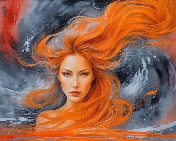 Portrait of a woman with orange hair and abstract background