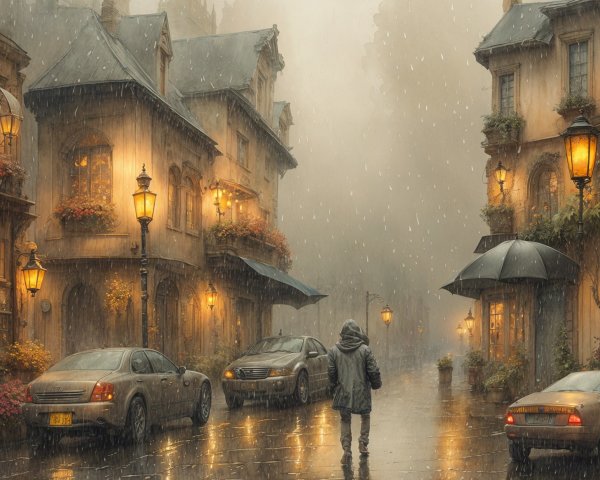 Tranquil Rainy Street Scene in a Quaint Village