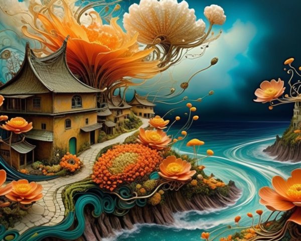 Surreal Landscape with Vibrant Flowers and Waves