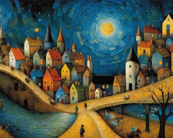 Whimsical Village Landscape Under Two Moons