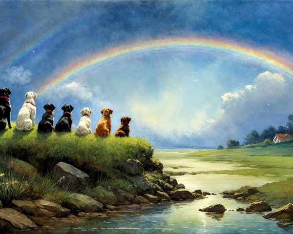 Seven Dogs on a Grassy Hill with a Rainbow Sky