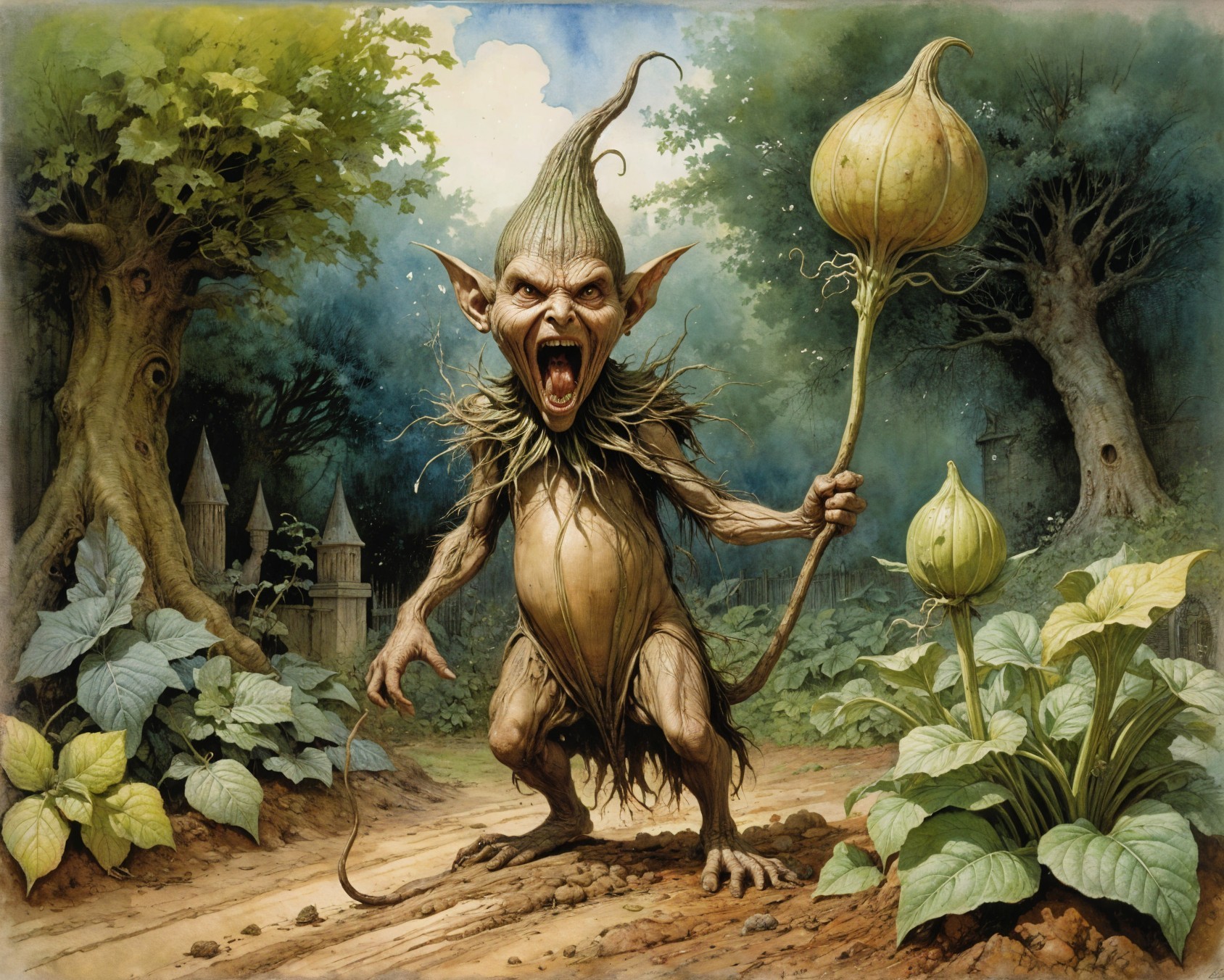 Fantastical creature in a lush, enchanted forest