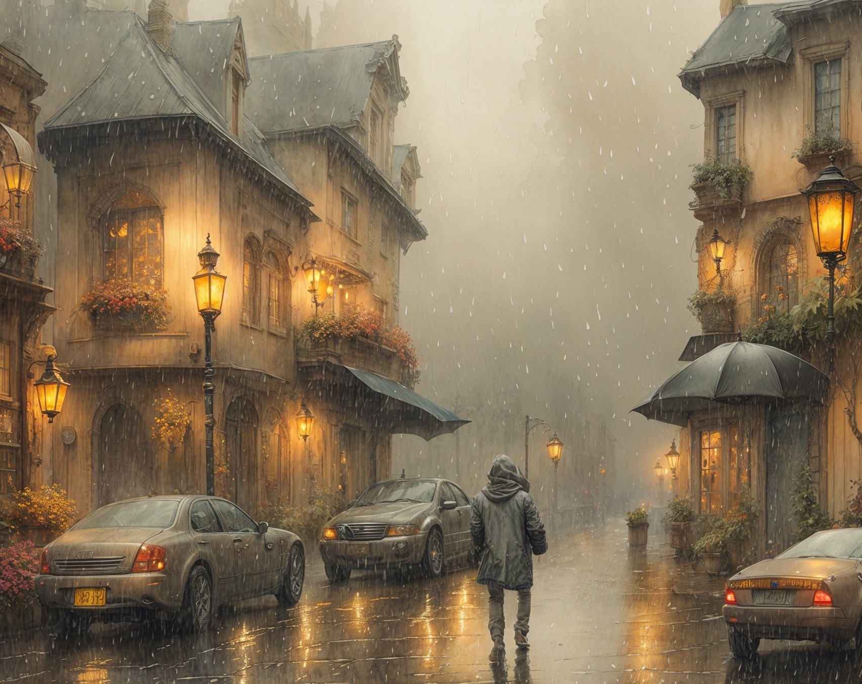Tranquil Rainy Street Scene in a Quaint Village