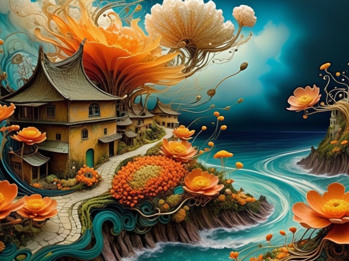 Surreal Landscape with Vibrant Flowers and Waves