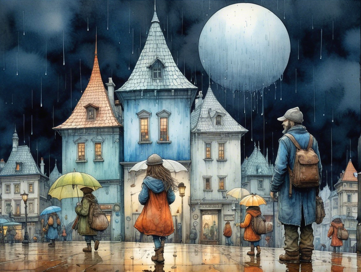 Charming Rainy Town with Colorful Umbrellas and Moon
