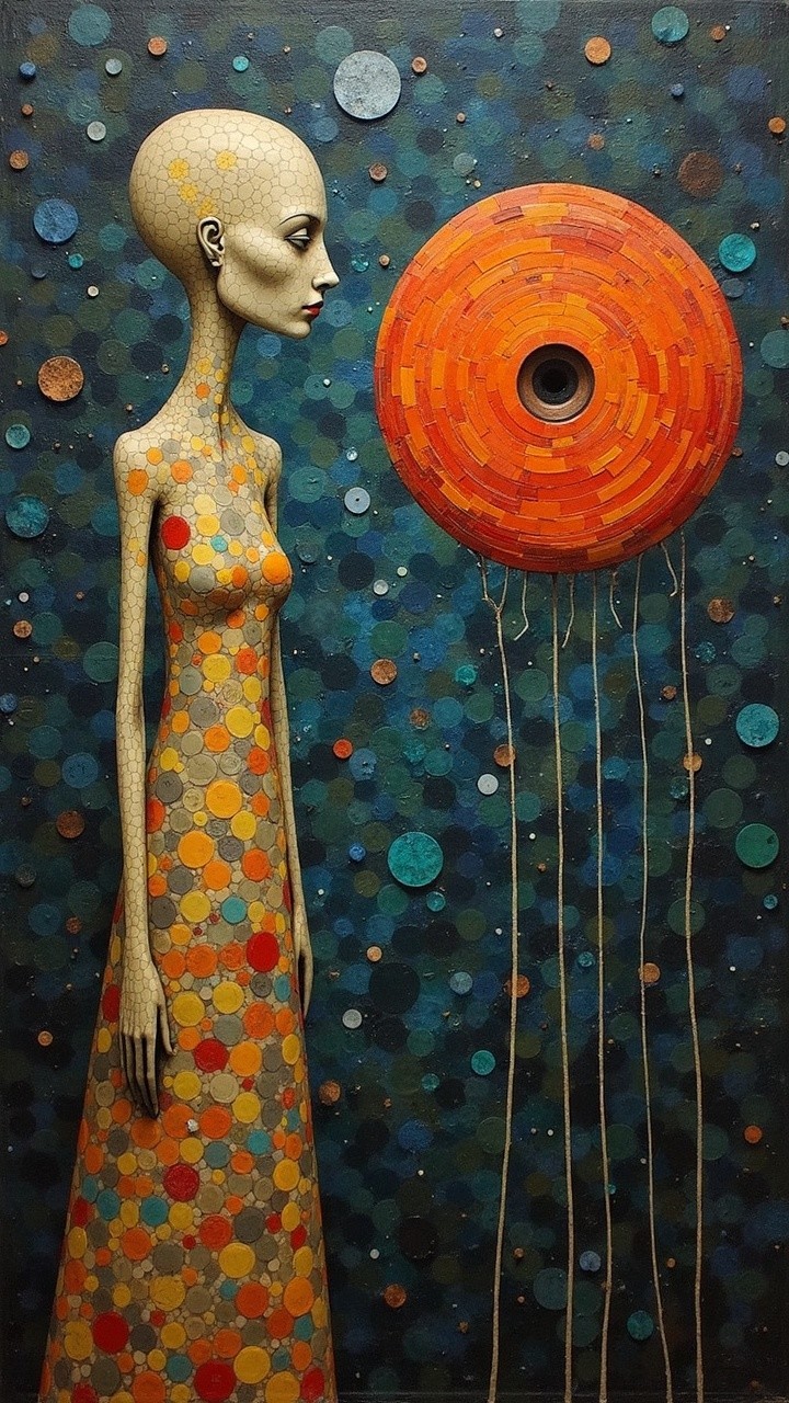 Surreal Artwork of Elongated Figure and Circular Object