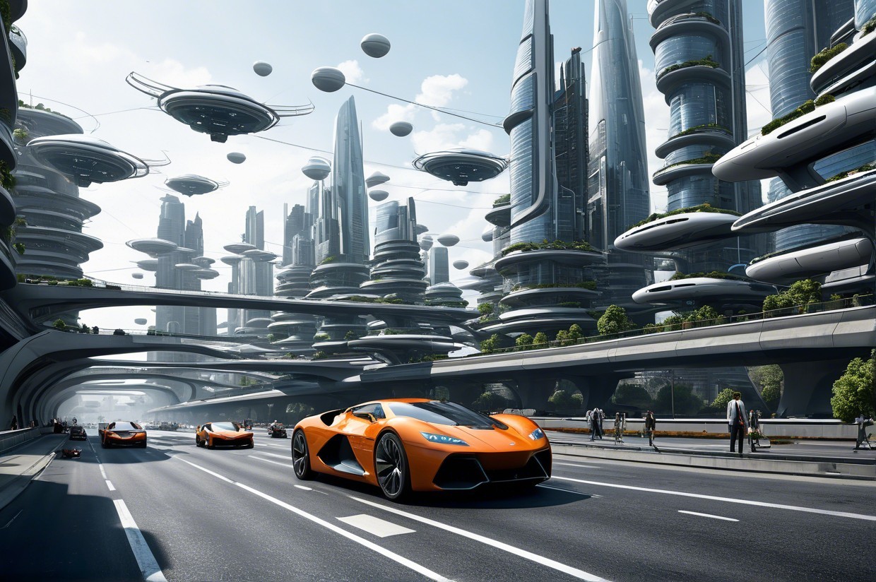 Futuristic cityscape with skyscrapers and hover vehicles
