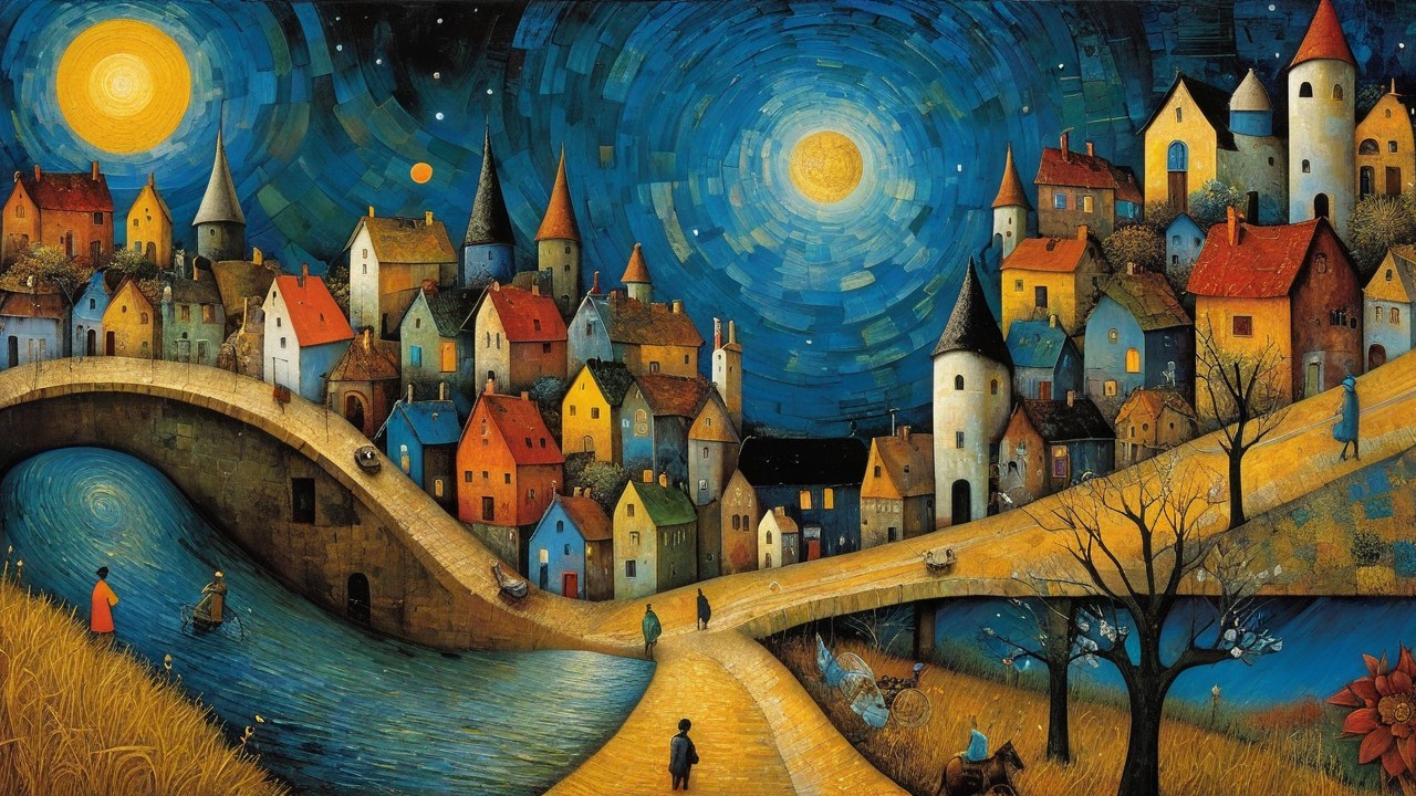 Whimsical Village Landscape Under Two Moons