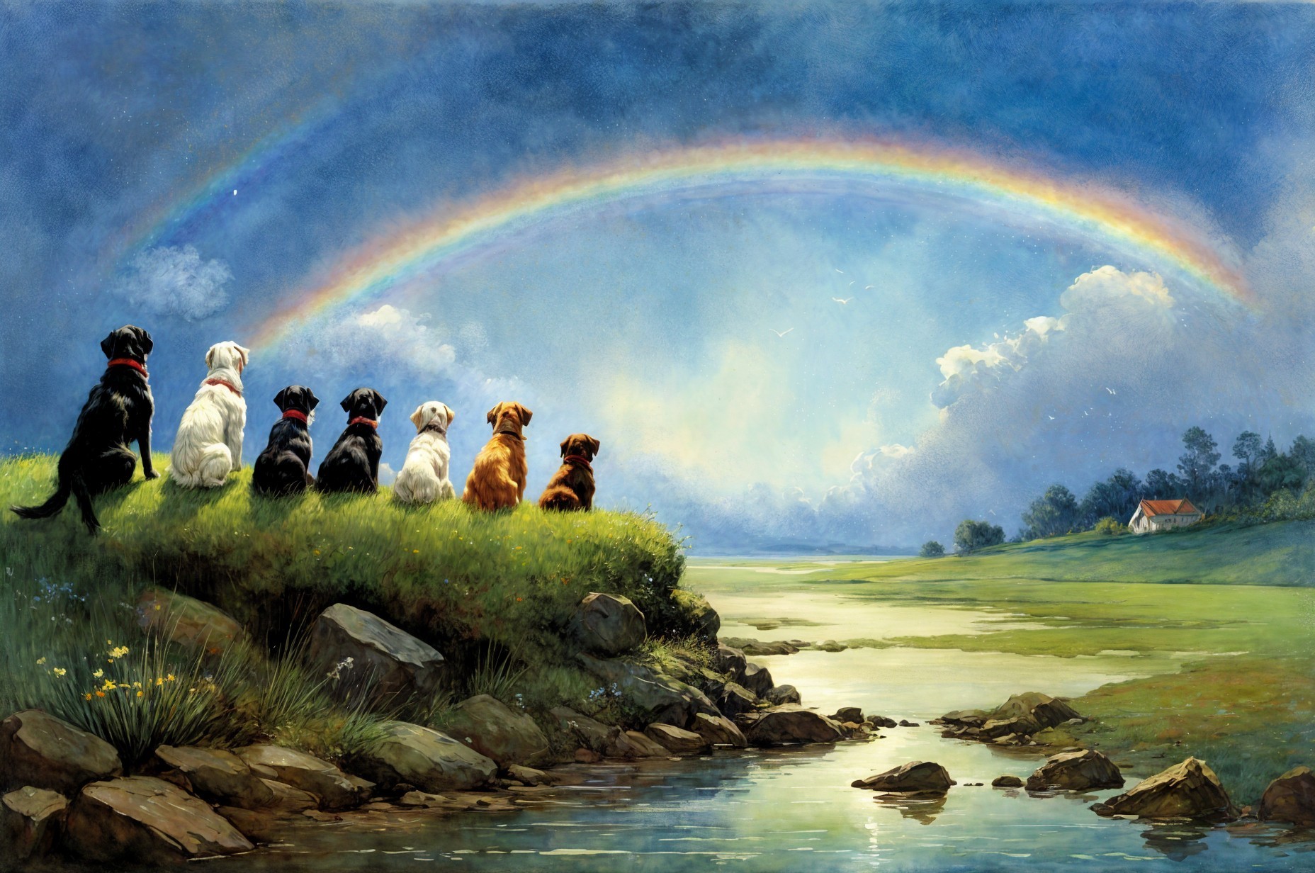Seven Dogs on a Grassy Hill with a Rainbow Sky