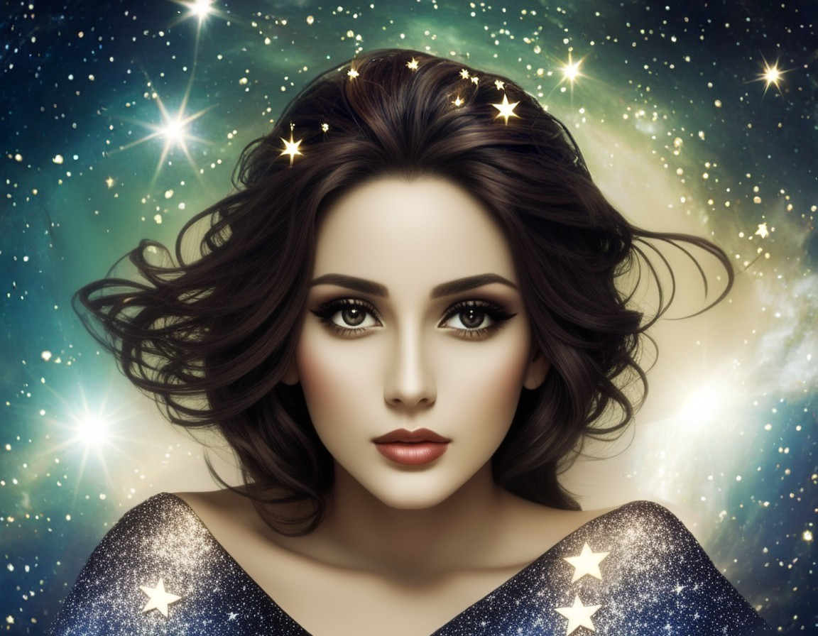 Portrait of a woman against a cosmic starry backdrop